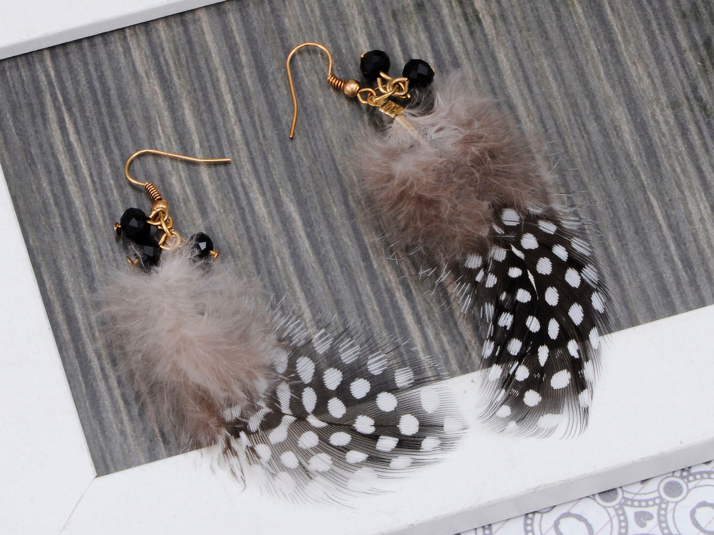 Gold Retro Grey Black White Polka Dot Feather Beaded Dangle Earrings