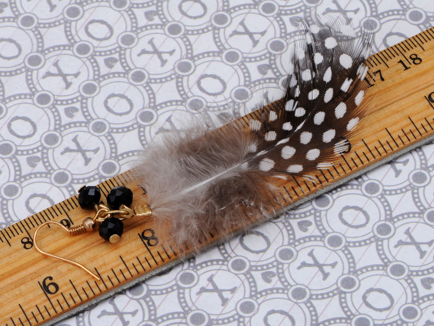 Gold Retro Grey Black White Polka Dot Feather Beaded Dangle Earrings