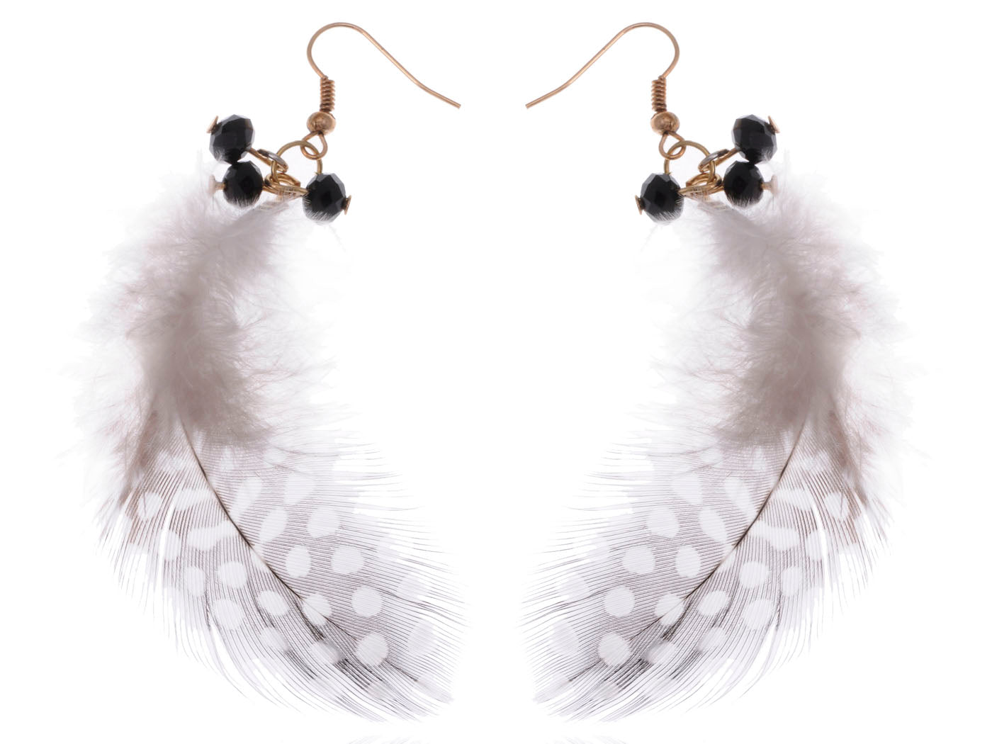 Gold Retro Grey Black White Polka Dot Feather Beaded Dangle Earrings