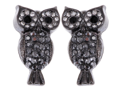 Steel Colored Staring Watch Owl Perch Bird Element Earrings