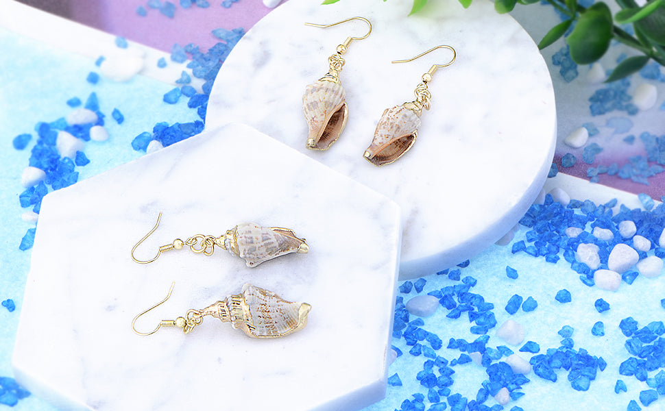 Accent Marine Nautical Brown White Conch Seashell Fish Mermaid Dangle Drop Earrings - ALILANG.COM