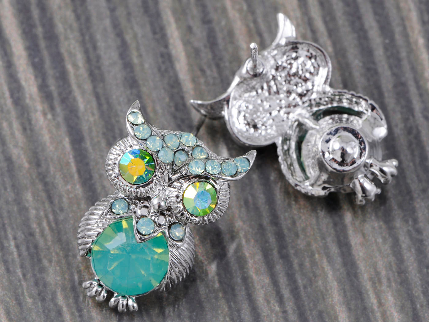 Silver Mini Pacific Opal Green Bodied Owl Button Earrings