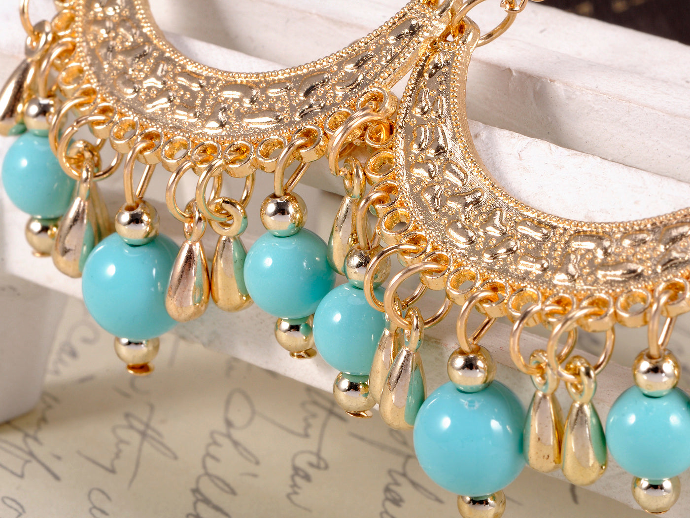 Asian Intricate Design Blue Bead Earrings