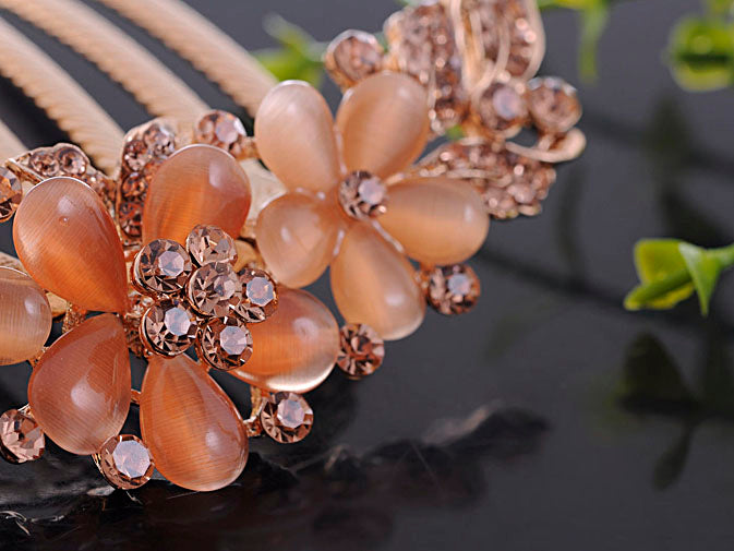 Rose Gold Flower Trio Light Peach Bead Hair Comb