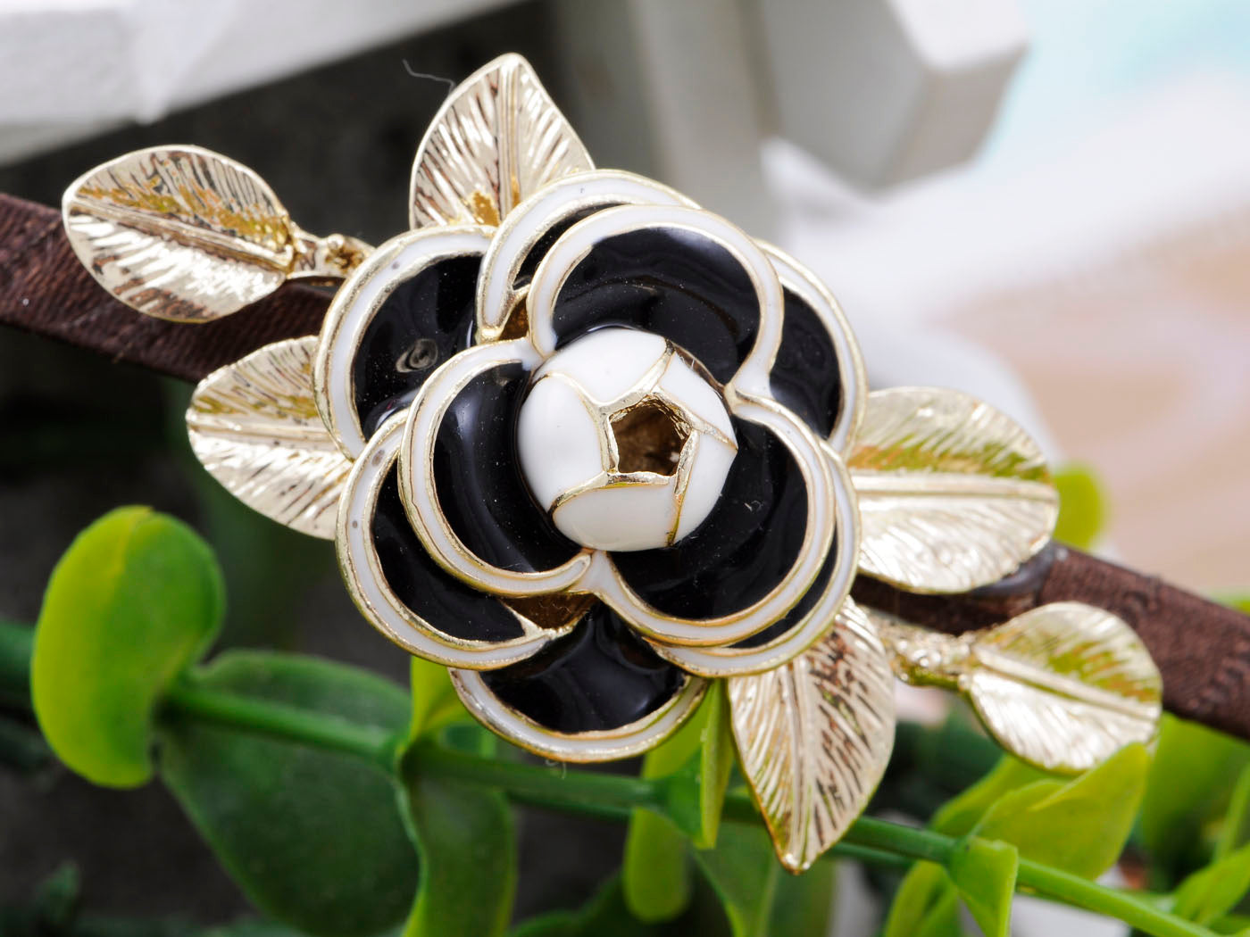 Dark Brown Floral Flower Rose Leaves Headband Piece