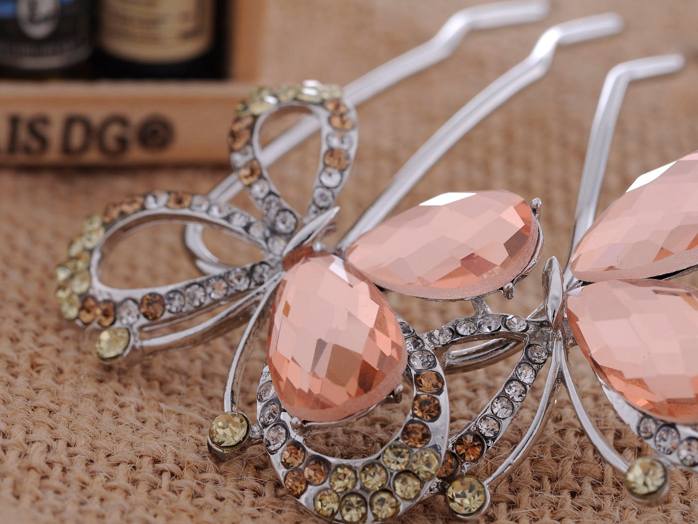 D Embellished Butterfly Hair Clip With Peach Hued Accents