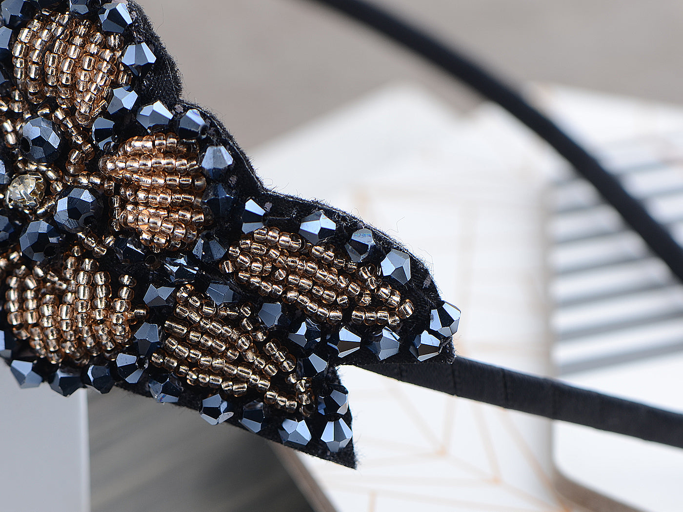 Topaz Gold Gun Black Floral Leaf Beaded Statement Headband - ALILANG.COM