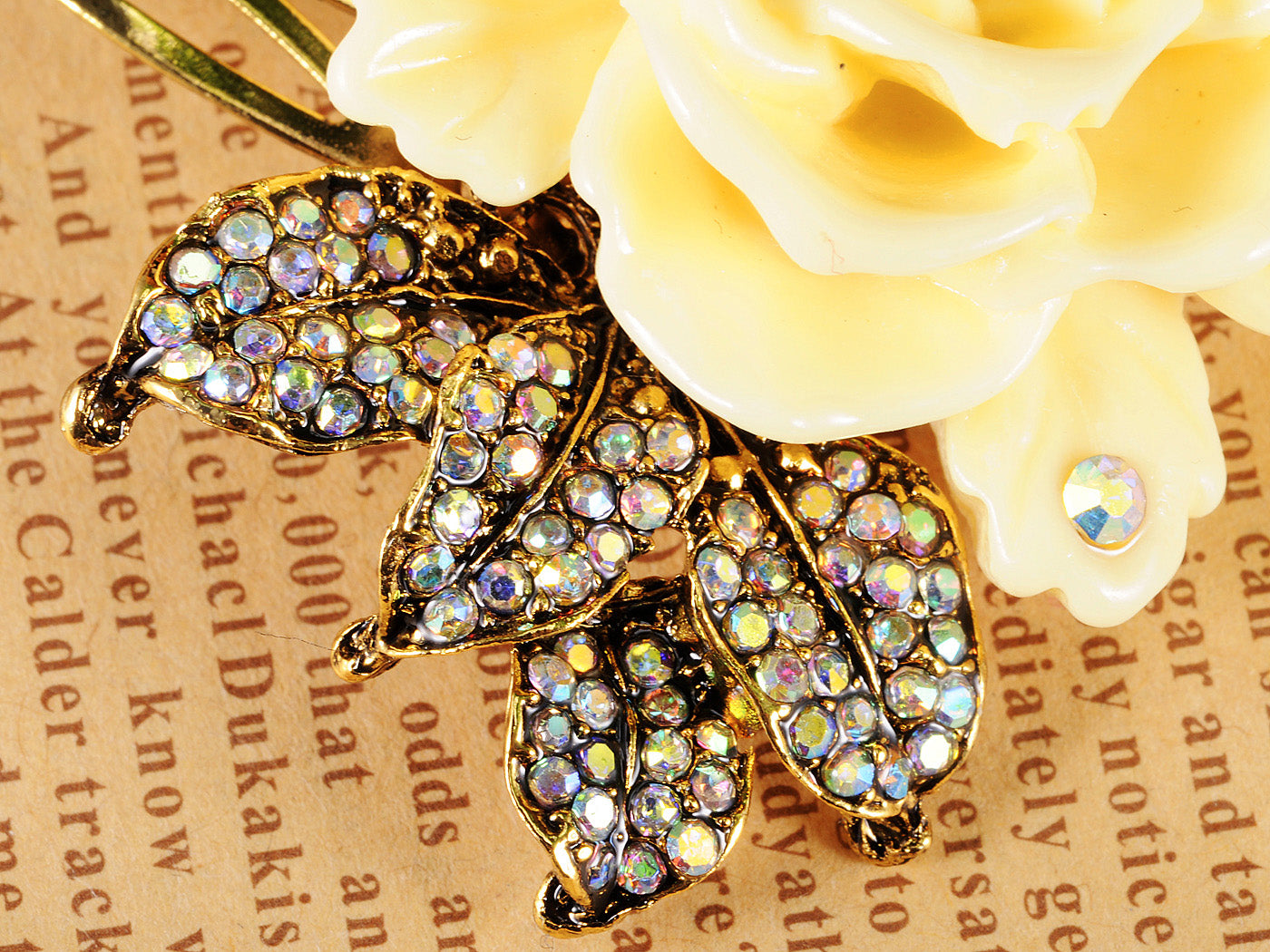 Gold Sculpted Yellow Rose Embellished Leaves Hair Pin