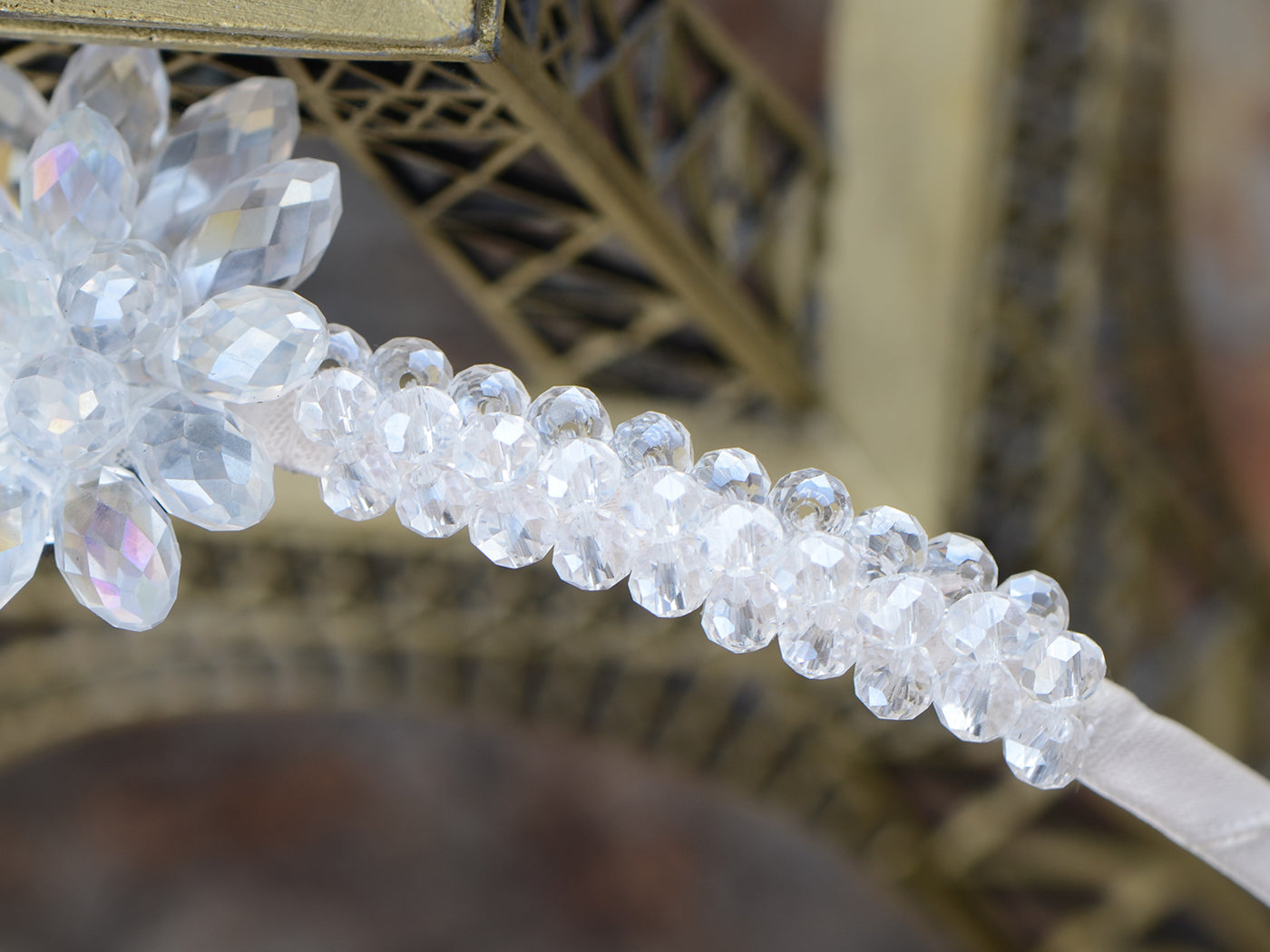 White Beads Flower Girls Headwear Headband Ribbon Hair Accessory