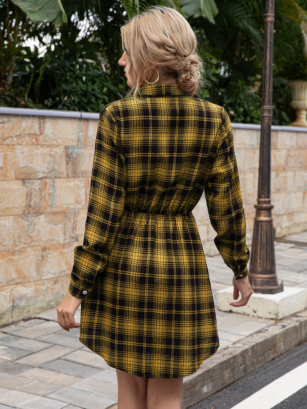 Anna-Kaci Women's Plaid Short Shirt Dress Tie Waist Collared Long Sleeves A-line Casual Vintage Dresses