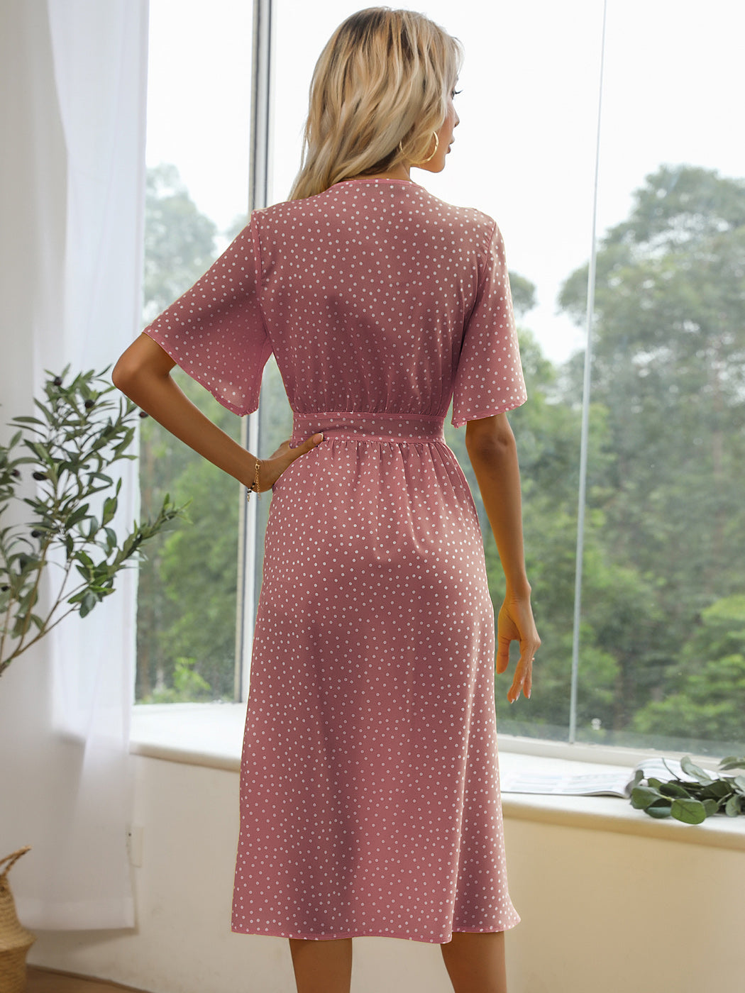 Anna-Kaci Women's Boho Tie Front V-Neck Polka Dot Dress Short Sleeve Button Down Casual A-Line Midi Dresses