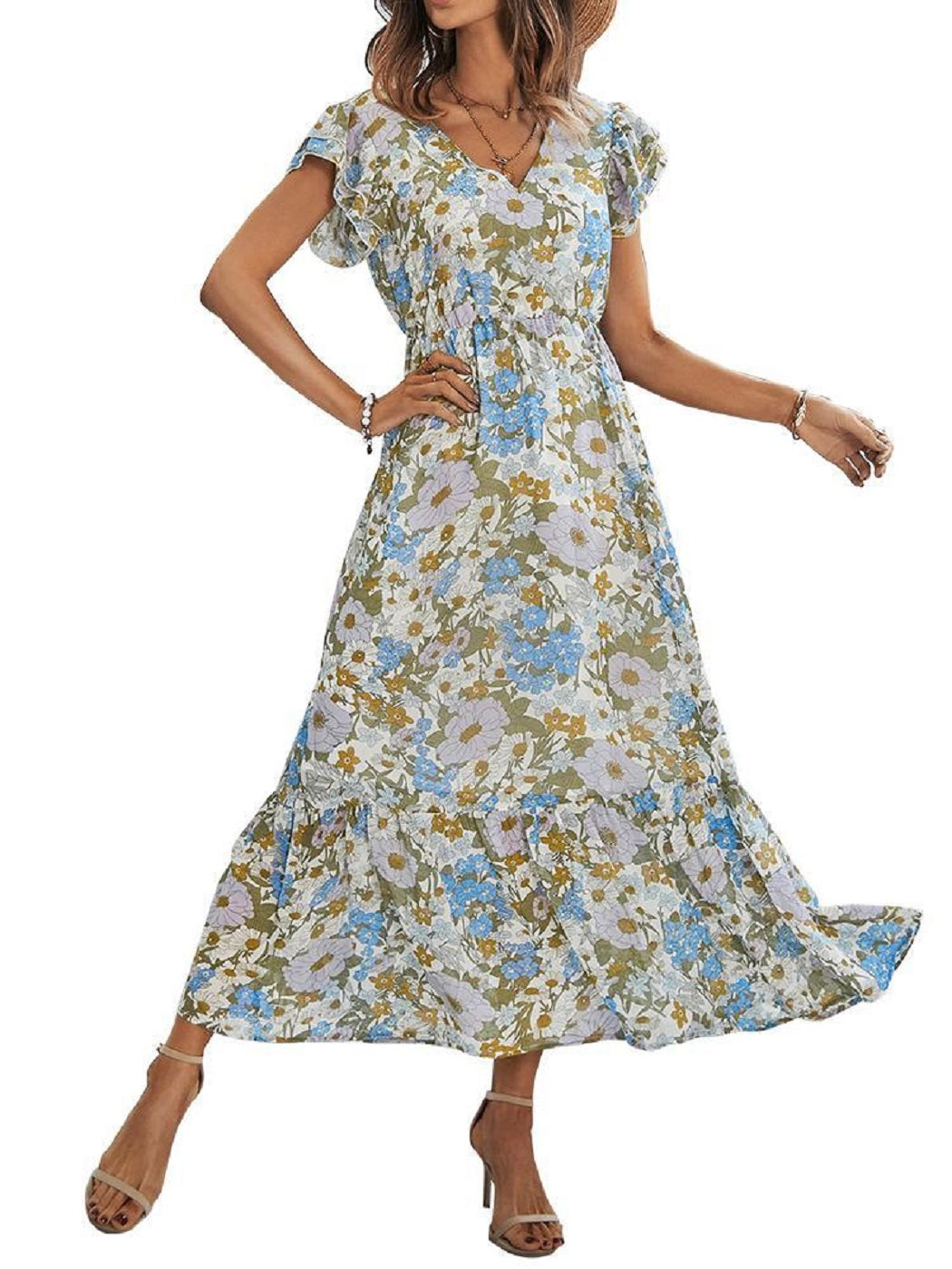 Anna-Kaci Women?s Summer Casual Floral Midi Dress V-Neck Cap Sleeves Ruffle Hem Flowy Swing Dresses Anna-Kaci Women?s Summer Casual Floral Midi Dress V-Neck Cap Sleeves Ruffle Hem Flowy Swing Dresses