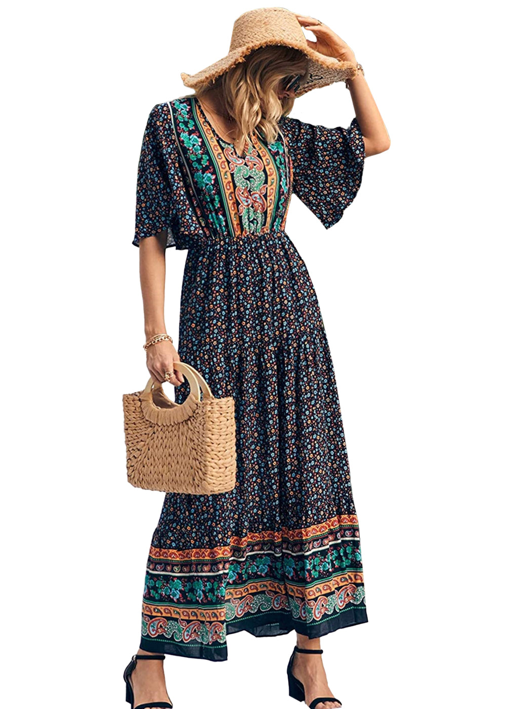 Anna-Kaci Boho Flared Short Sleeve Paisley Maxi Dress ALILANG.COM Anna-Kaci Boho Flared Short Sleeve Paisley Maxi Dress ALILANG.COM