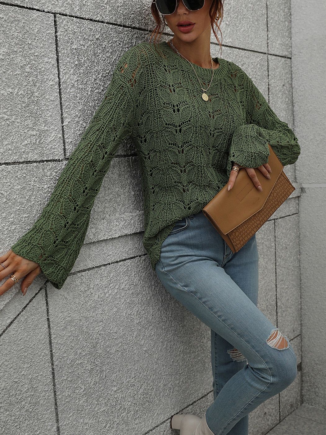 Anna-Kaci Women Knit Hollow Out Tops Crochet Bell Sleeve Crewneck Pullover Sweater