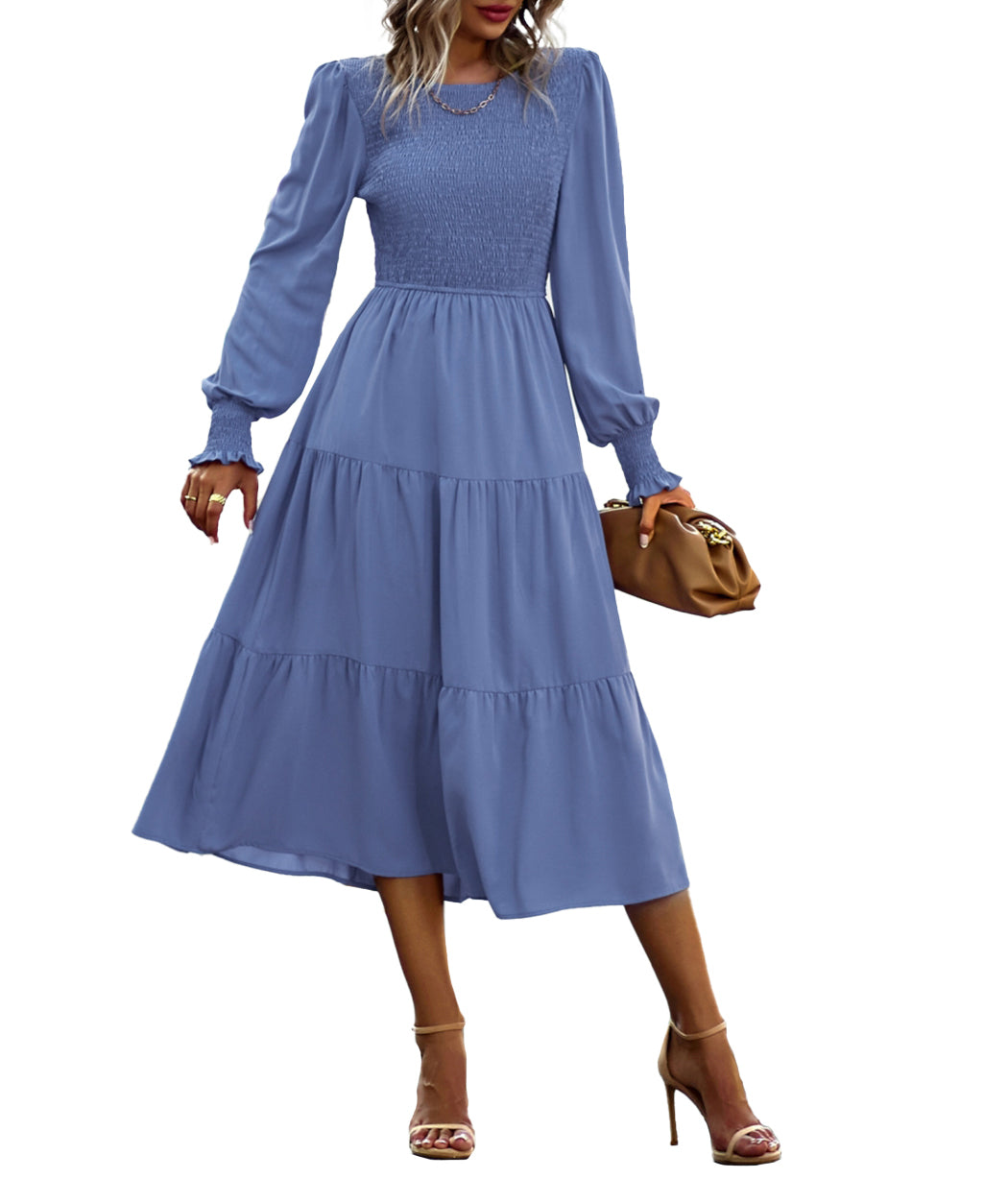 tiered ruffle crew neck long sleeve midi dress Long Sleeve Polka Dot Print Ruffled Tiered Midi Dress