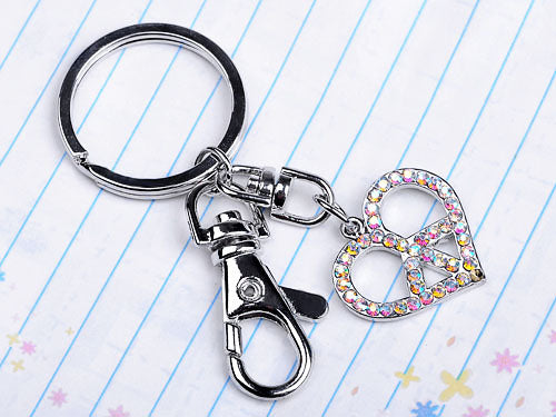 Silver Aurora Borealis Colored Peace Heart Sign Symbol Keychain