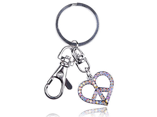 Silver Aurora Borealis Colored Peace Heart Sign Symbol Keychain