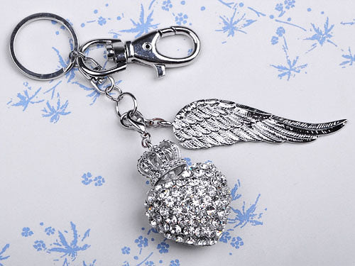 Silver Colored Crown Heart Wing Key Chain