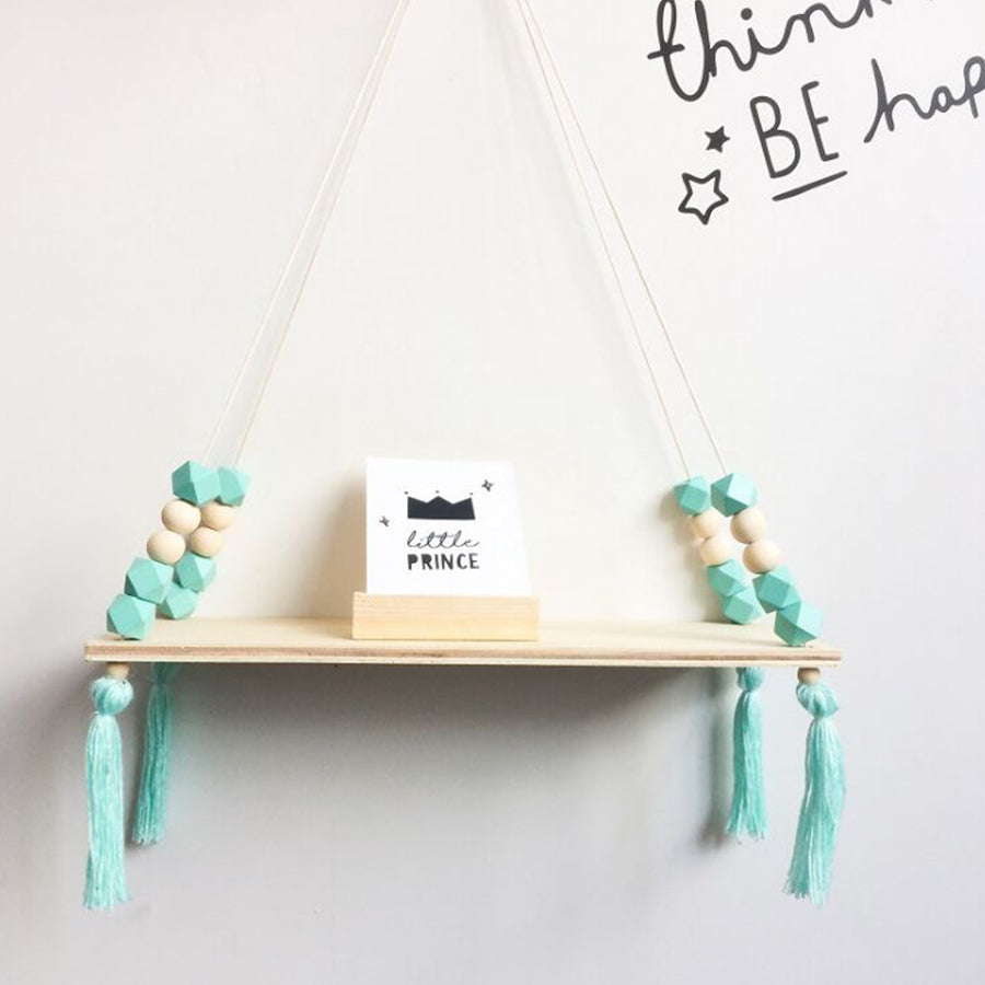 Rope Hanging Wood Shelf With Rock Beads for Interior Decor