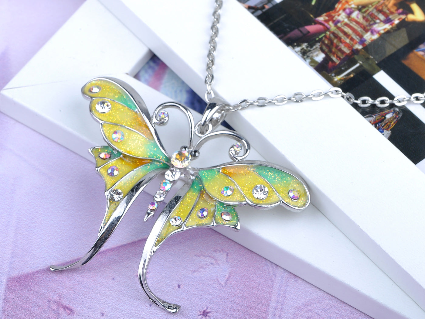 Bright Yellow Enamel Painted Butterfly Dragonfly Pendant Necklace