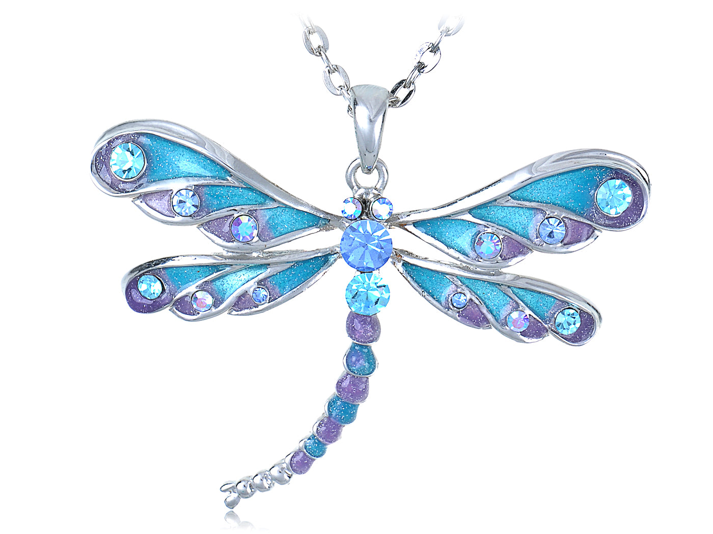 Blue Purple Glitter Enamel Dragonfly Pendant Necklace Over