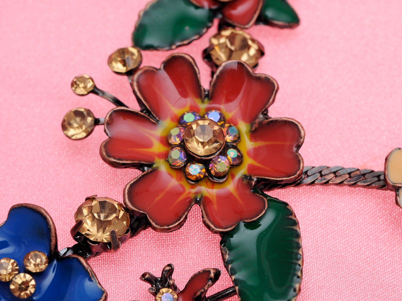 Multicolored Enamel Flower Floral Branch Dangle Necklace