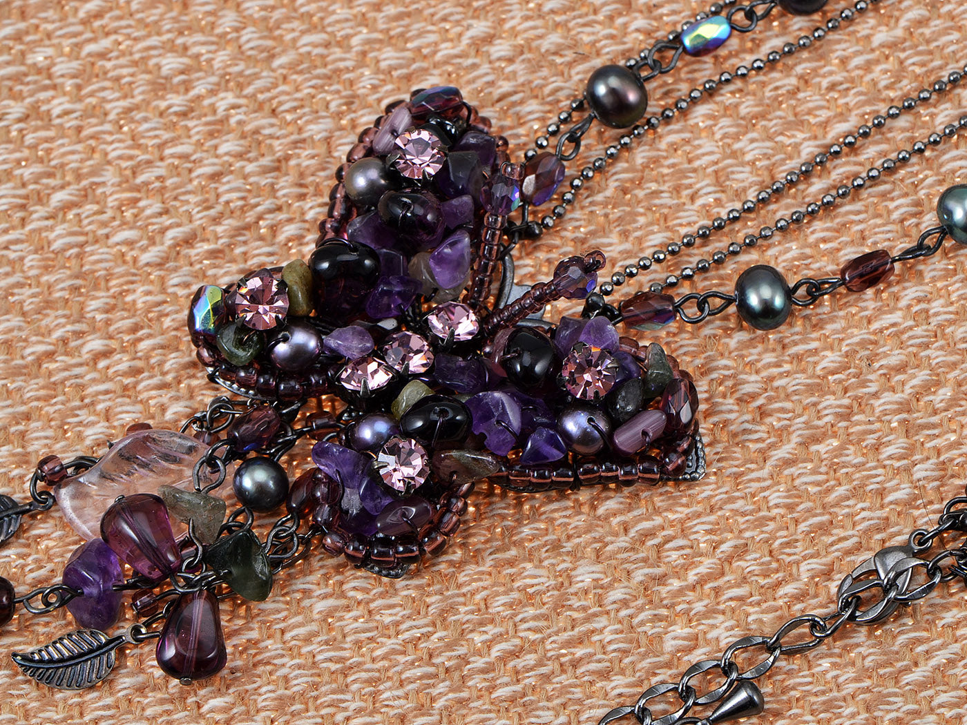 Purple Glass Beaded Butterfly Dangle Pendant Necklace