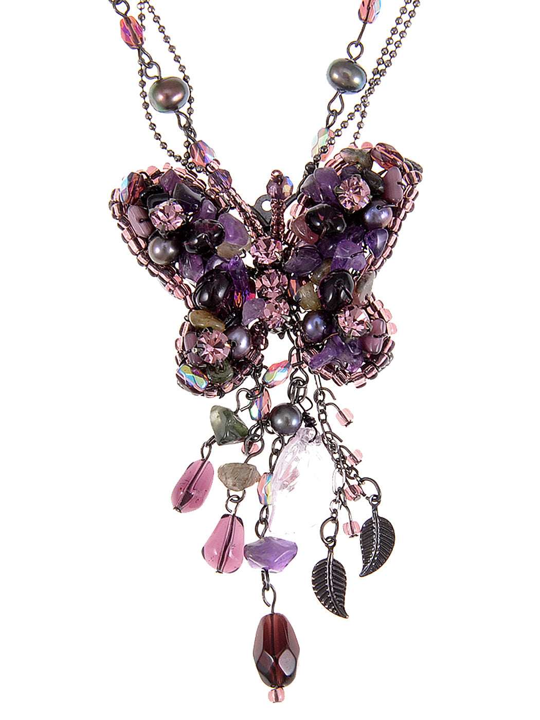 Purple Glass Beaded Butterfly Dangle Pendant Necklace