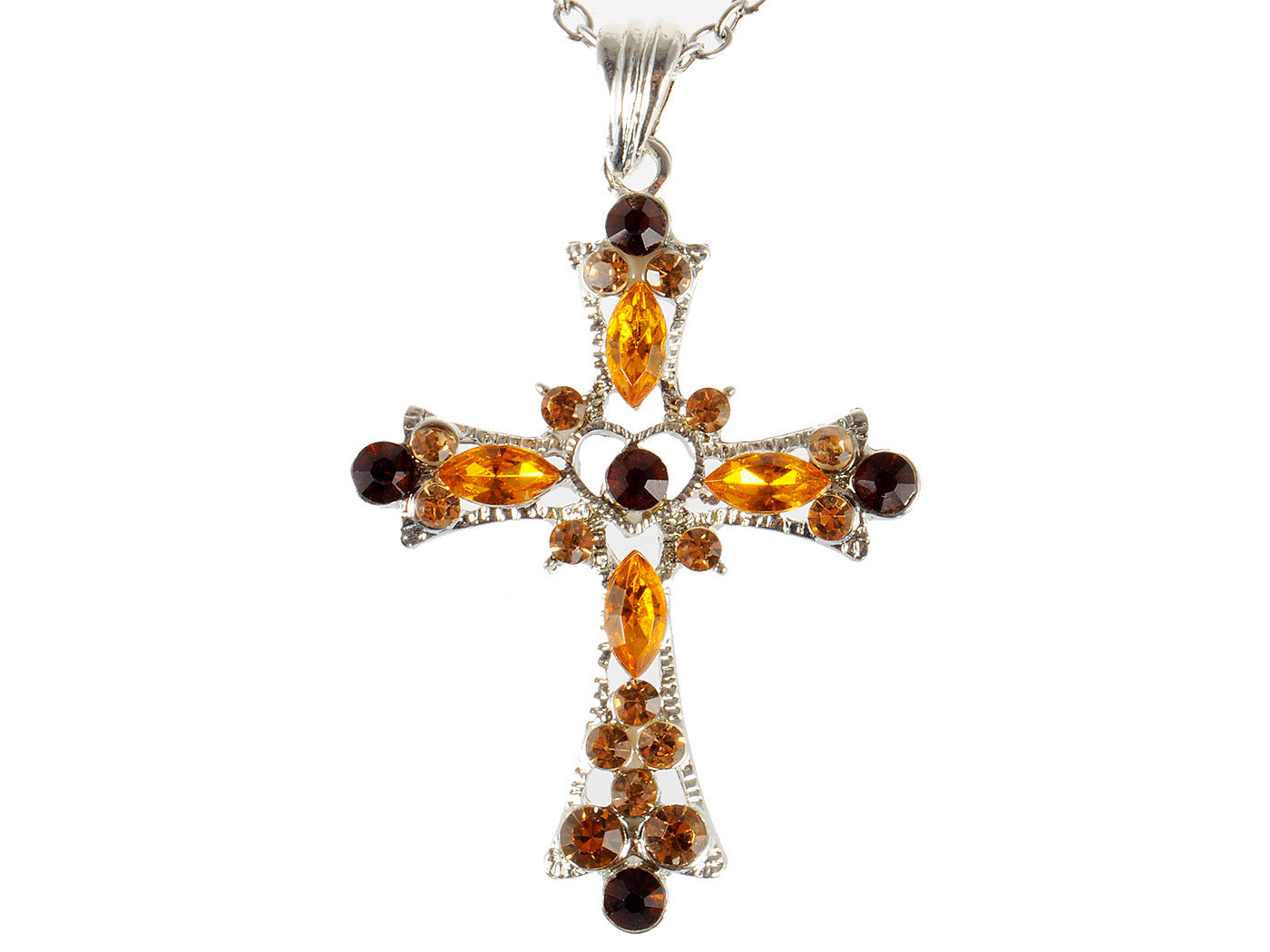 Heart Shape Center Holy Cross Topaz Brown Pendant Necklace