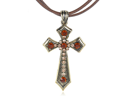 Old Copper Medieval Sharp Topaz Cross Pendant Necklace