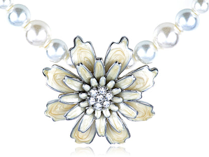 White Enamel Chrysanthemum Flower Pendant Bridal Pearl Bead Chain Necklace