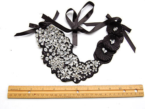 Flower Acry Gem Jewel Cluster Fabric Grosgrain Bow Black Bib Necklace