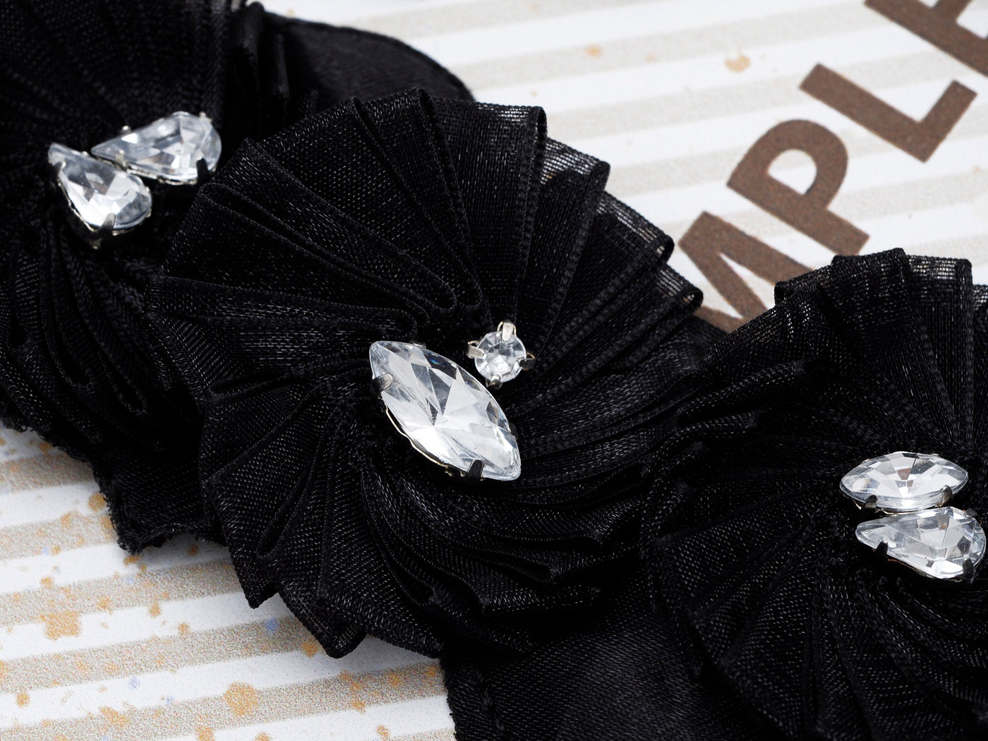 Flower Acry Gem Jewel Cluster Fabric Grosgrain Bow Black Bib Necklace