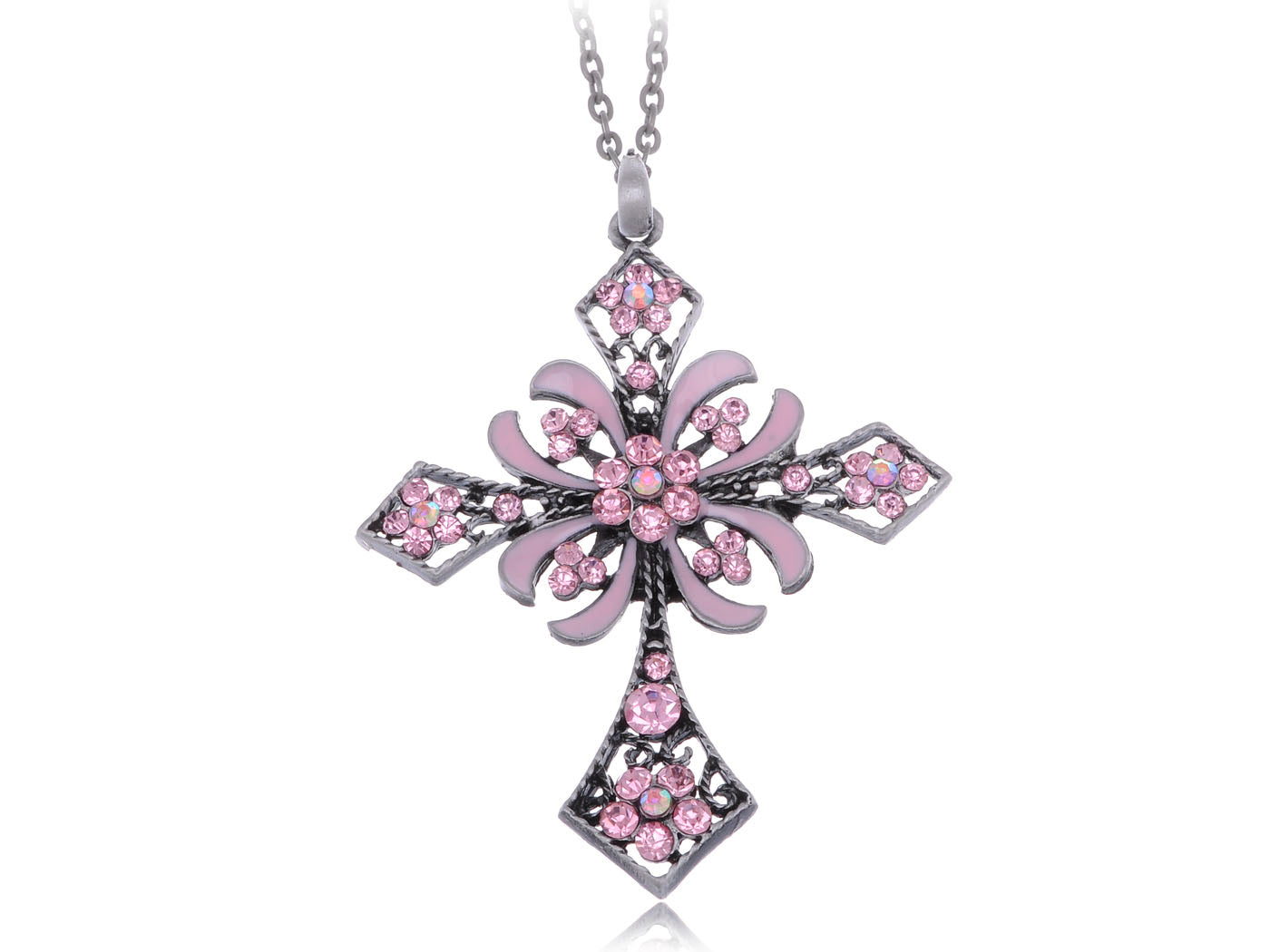 Pink Rose Daisy Flower Enamel French Fleur De Lis Holy Cross Pendant Necklace