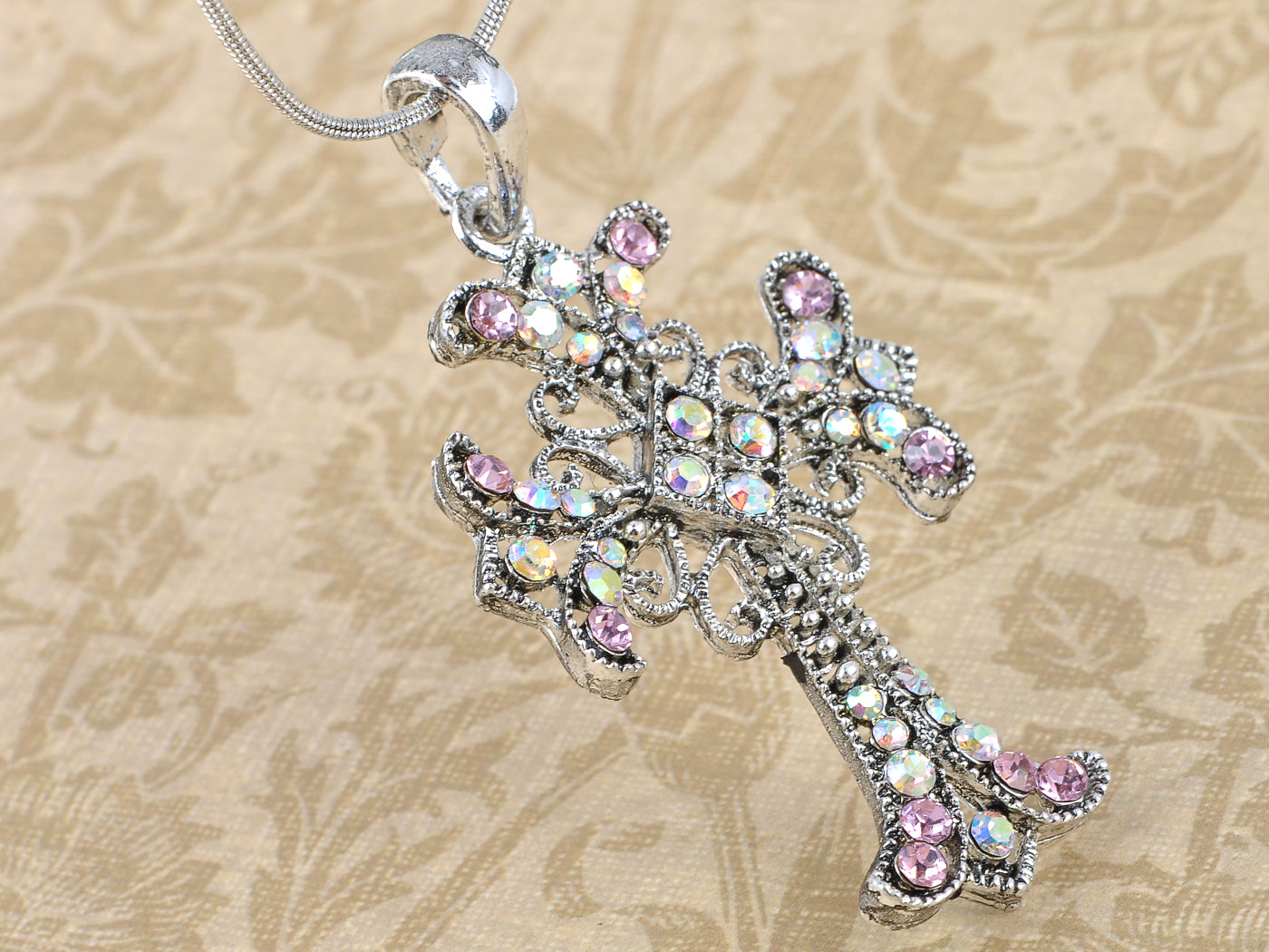 Vintage Pink Rose Aurora Floral Statement Cross Pendant Necklace