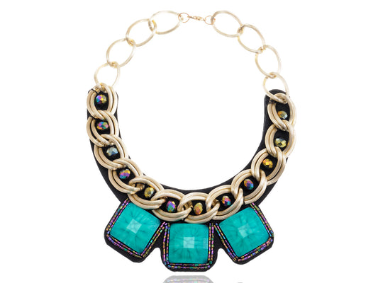Chain Beaded Turquoise Gem Tribal Bib Necklace