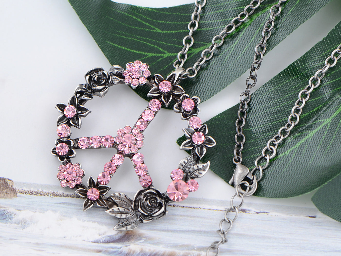 Silver Retro Pink Blue Flower Hippie Peace Symbol Pendant Necklace