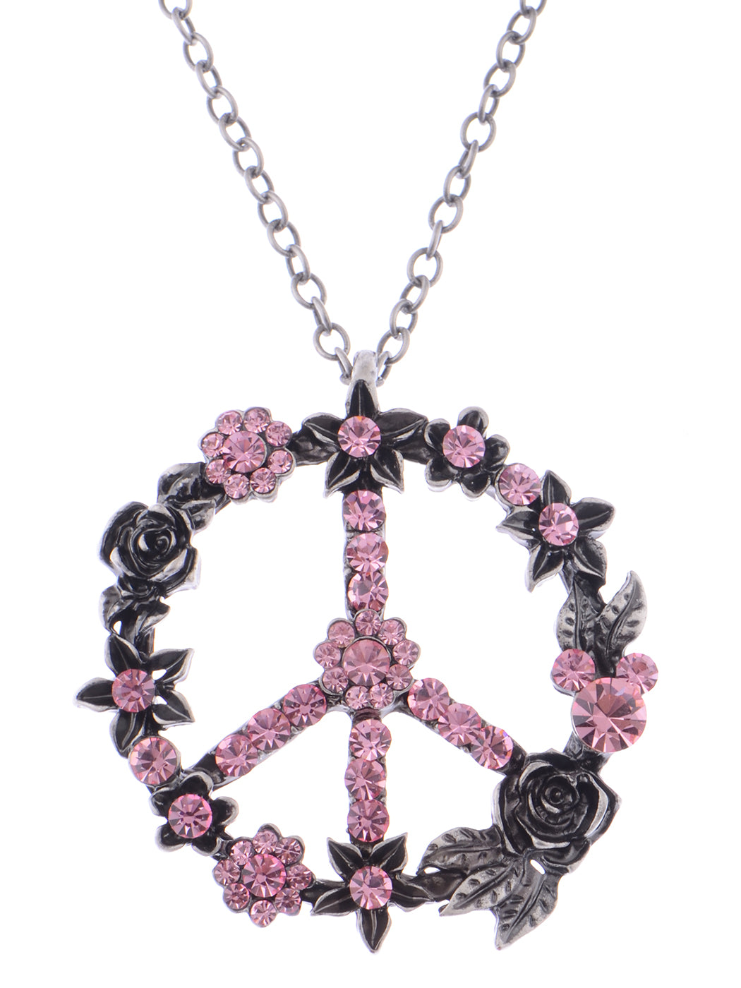 Silver Retro Pink Blue Flower Hippie Peace Symbol Pendant Necklace