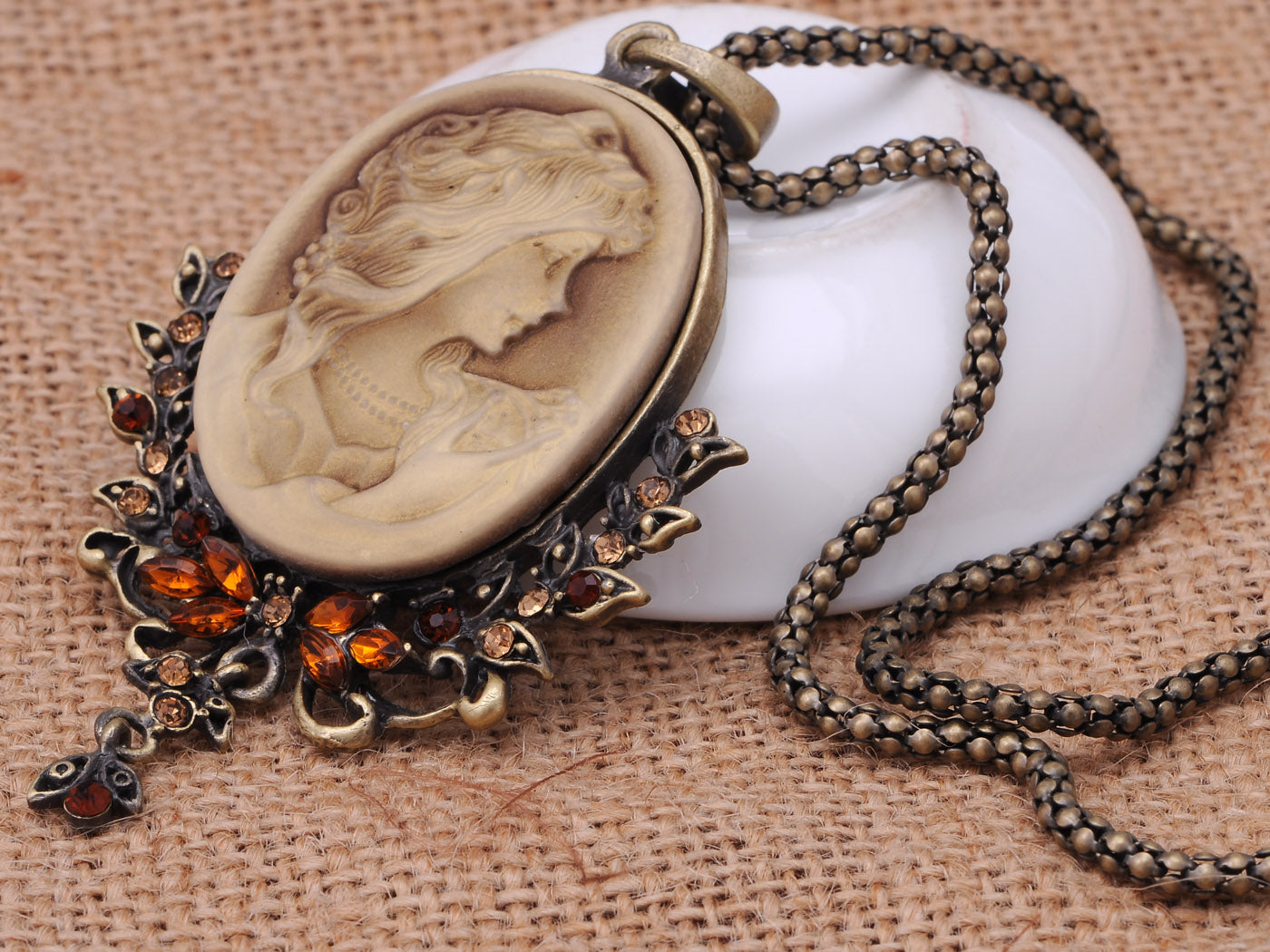 Antique Topaz Dangle Pendant Maiden Cameo Necklace