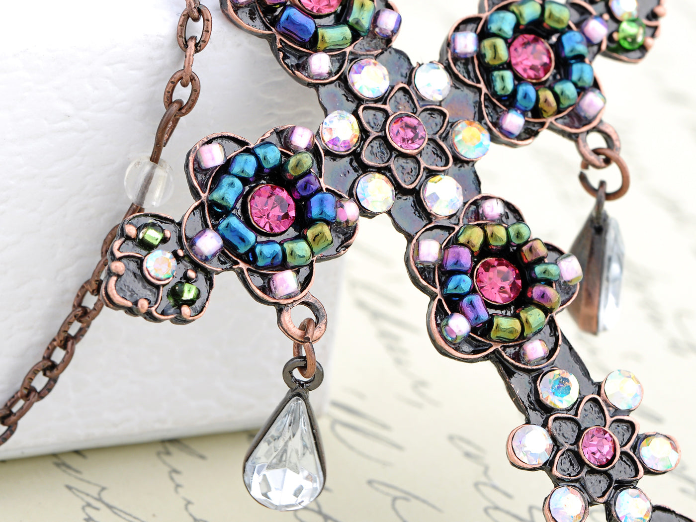 Multi Colored Beaded Holy Cross Tear Drops Necklace Pendant
