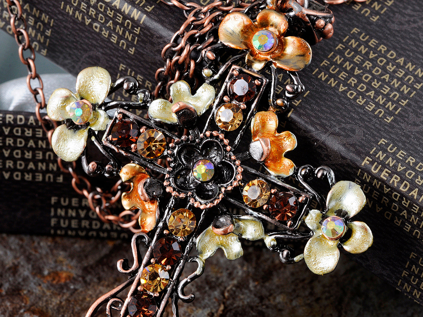 Orange Topaz Flower Floral Cross Necklace