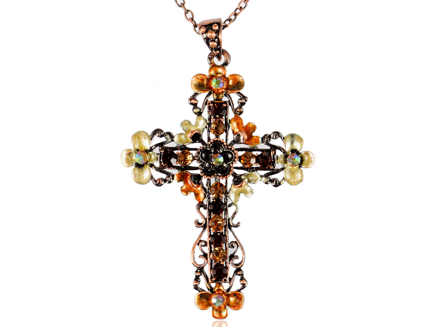 Orange Topaz Flower Floral Cross Necklace