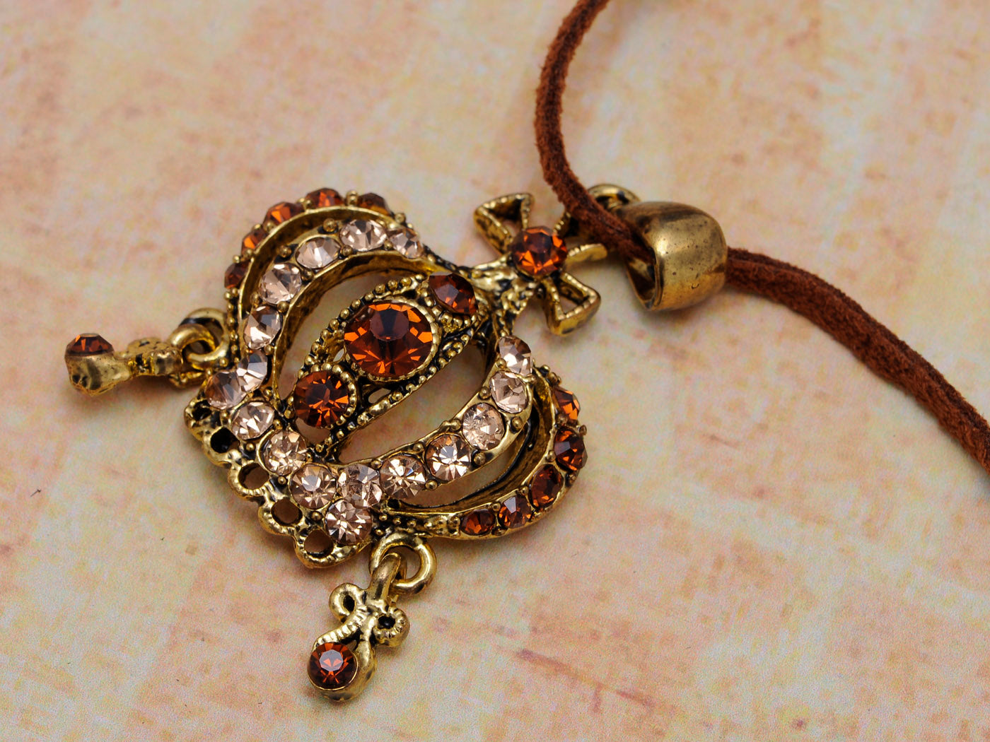 Antique Inspire Orange Topaz Royal Queen Crown Fancy Brown Rope Necklace Pendant
