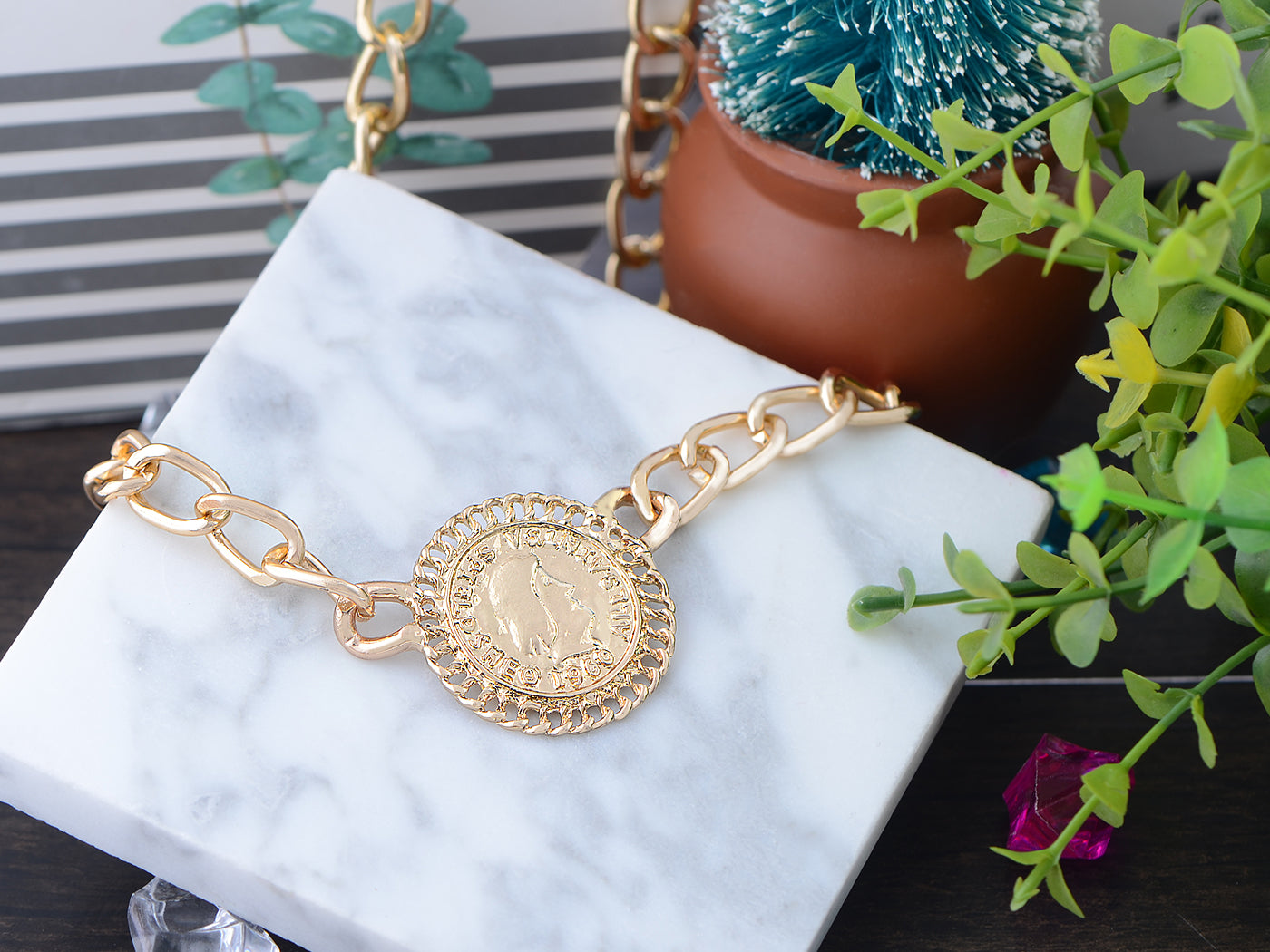 Profile Dollar Coin Bling Chain Link Urban Statement Necklace