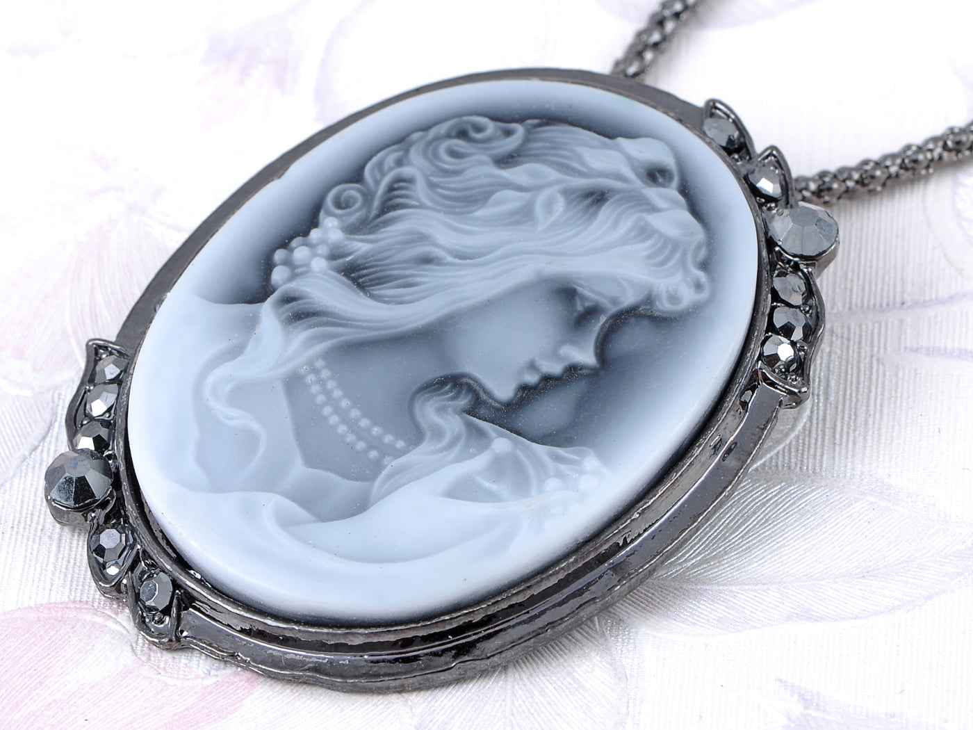 Gun Color Sleek Maiden Cameo Pendant Necklace