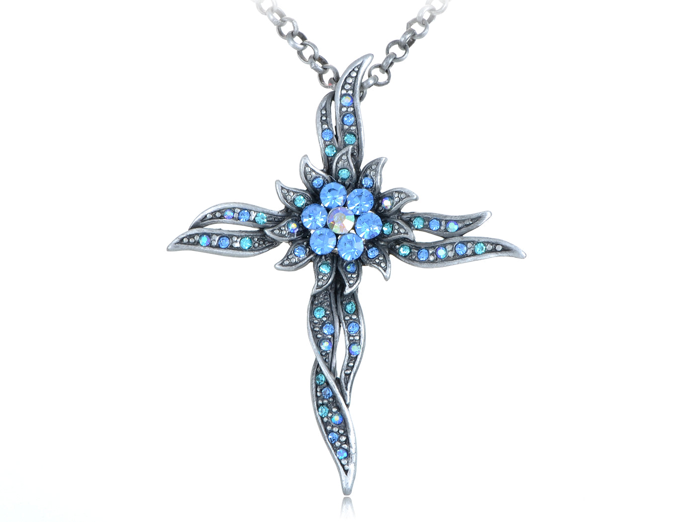 Shinely Blue Cross Sun Flower Pendant Necklace