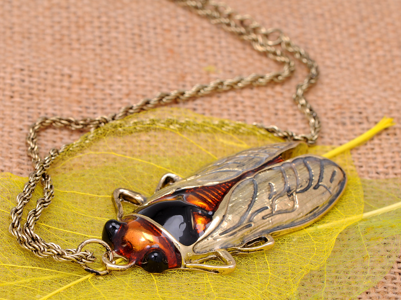 Big Antique Orange Amber Vintage Insect Cicada Beetle Bug Chain Pendant Necklace