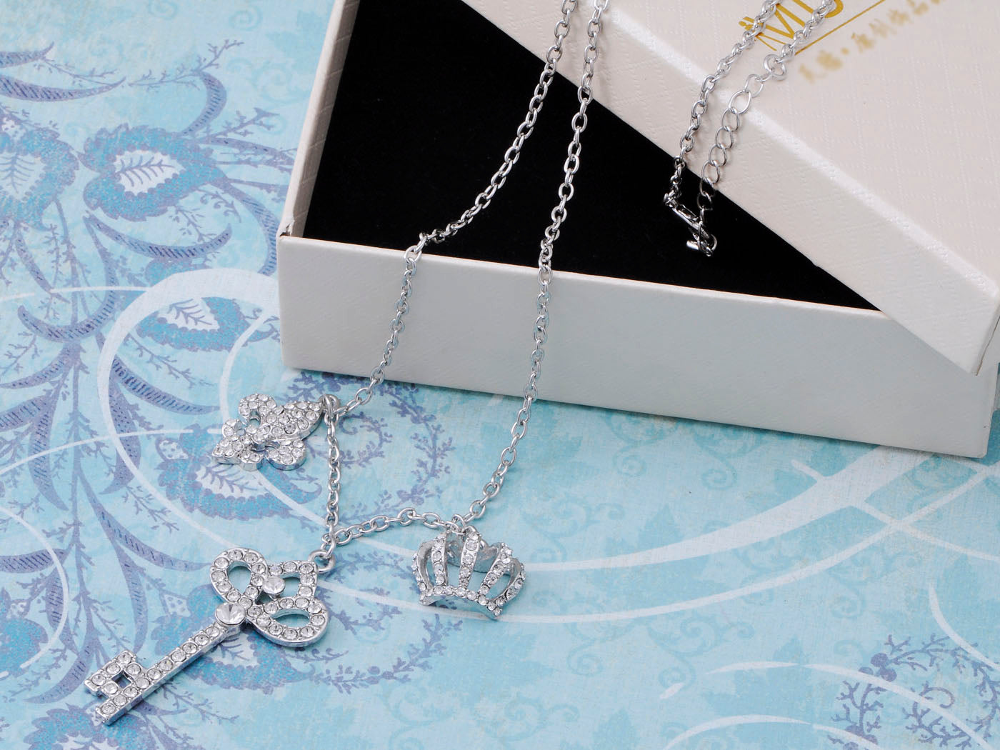 Ice Key Crown Chain Links Fleur De Lis Combination Charm Necklace Pendant