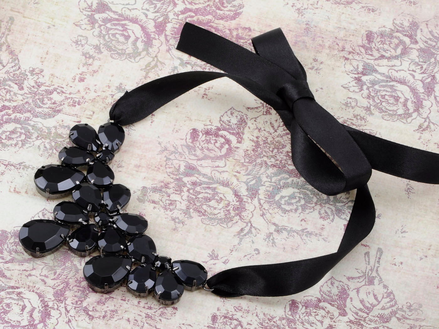 Jet Black Ss Victorian Gothic Multi Layer Bib Tie Necklace