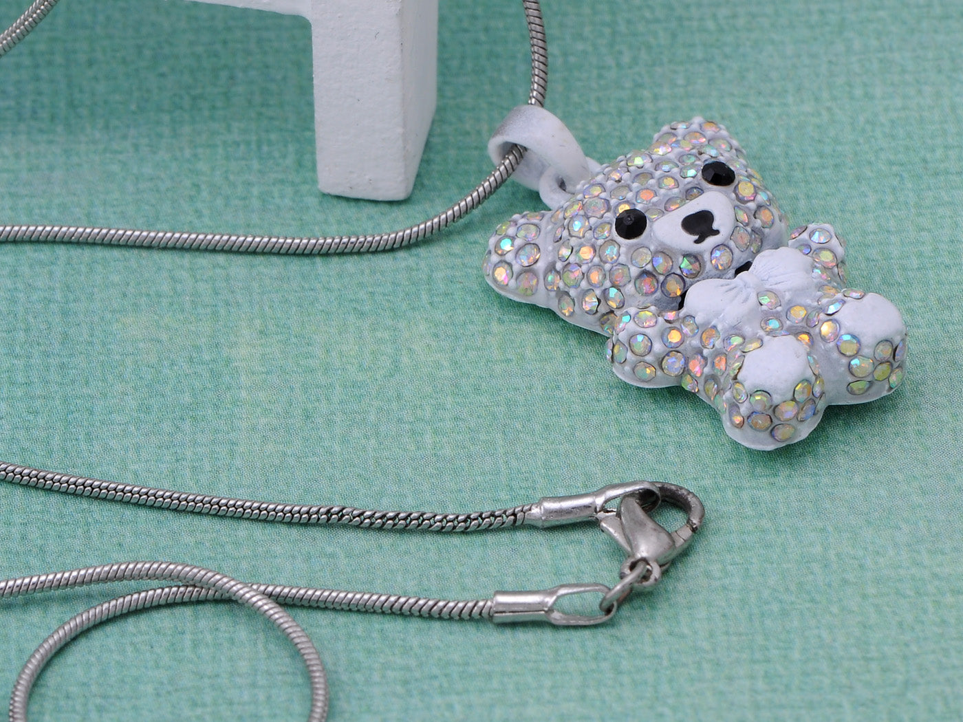 Iridescent Aurora Borealis Multicolored White Teddy Bear Pendant Necklace - ALILANG.COM